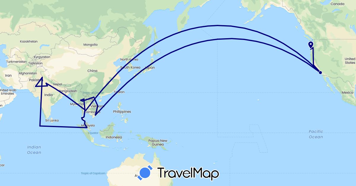 TravelMap itinerary: driving in India, Maldives, Malaysia, Thailand, United States, Vietnam (Asia, North America)